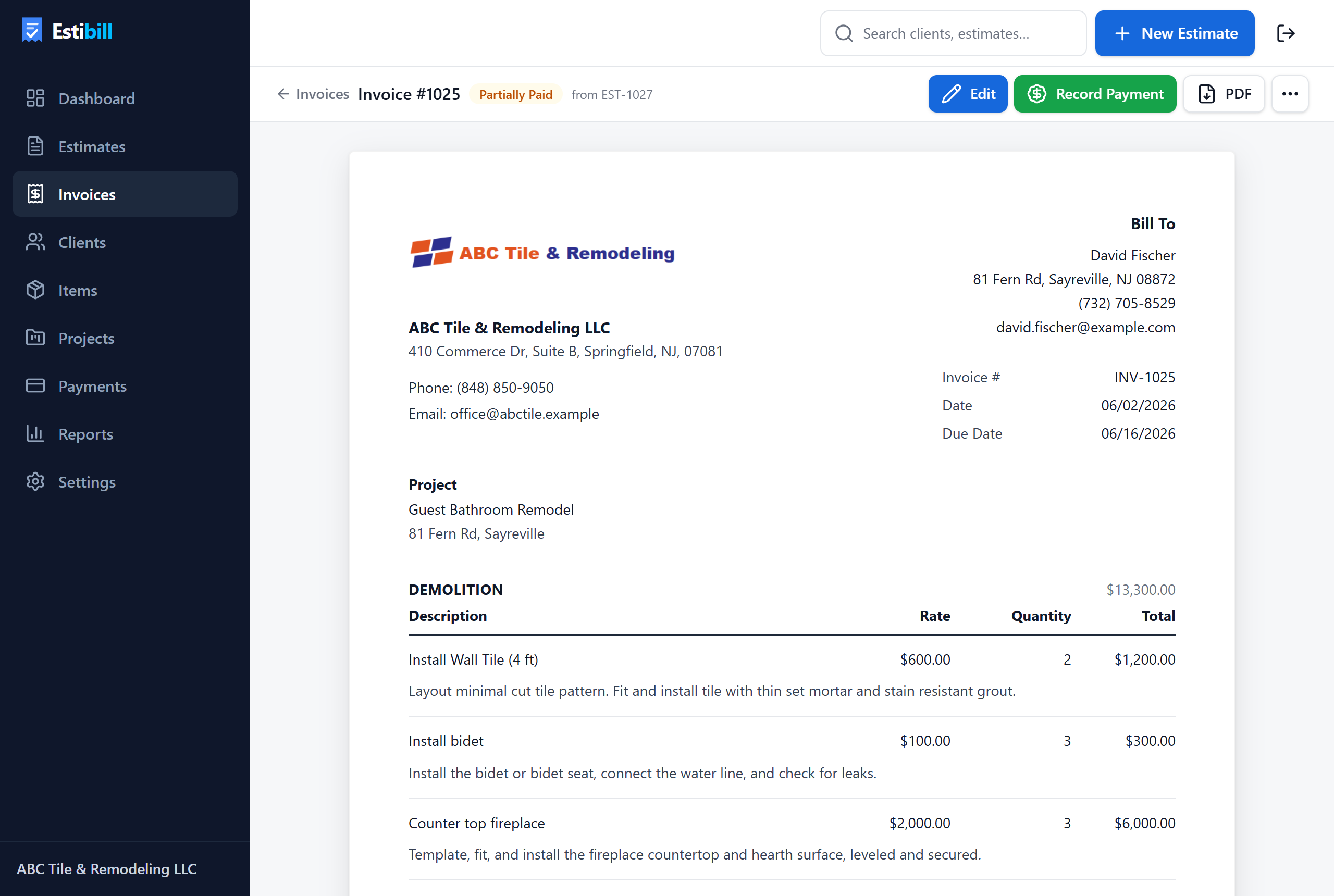 An invoice in Estibill with payments