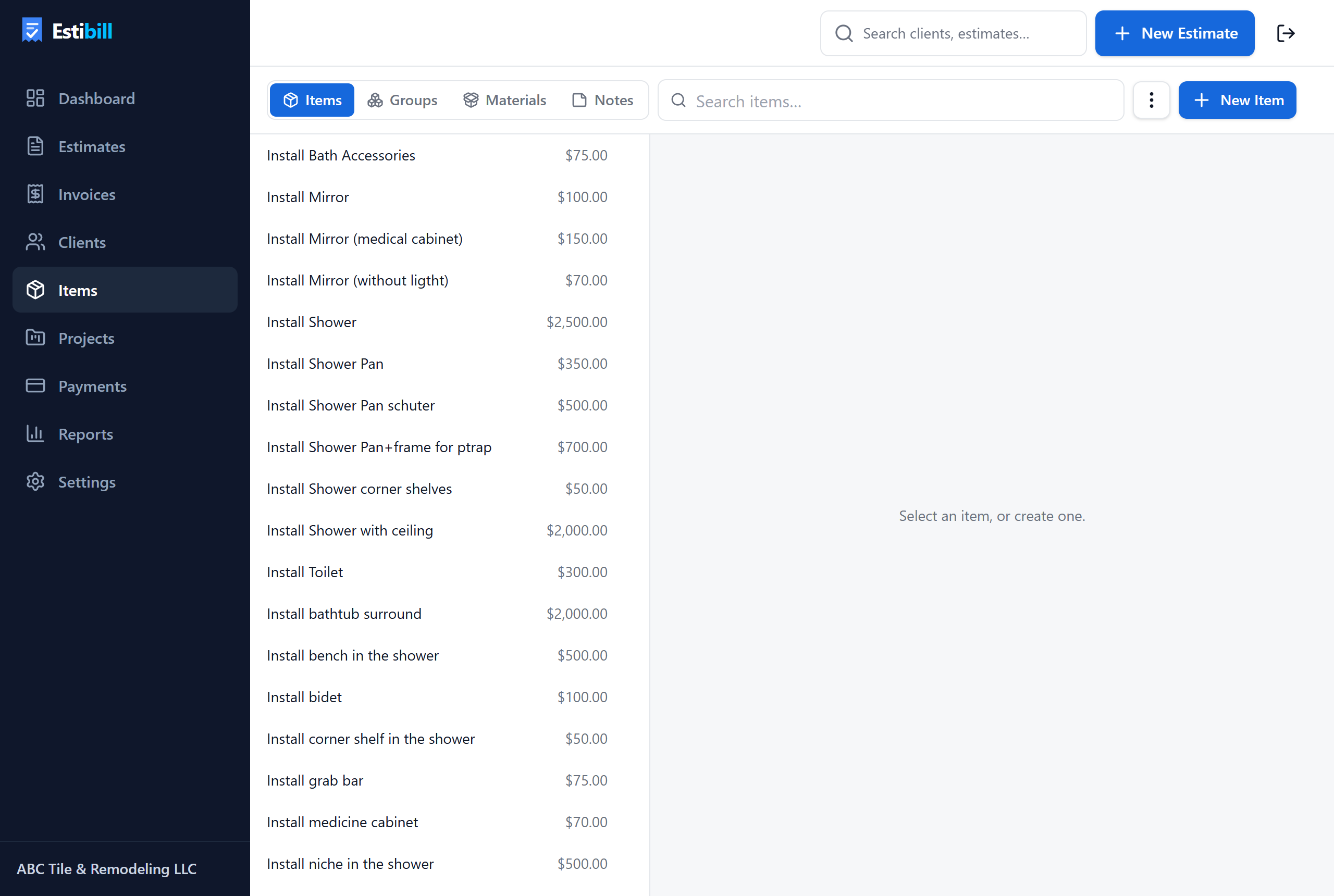 The Estibill item and materials library