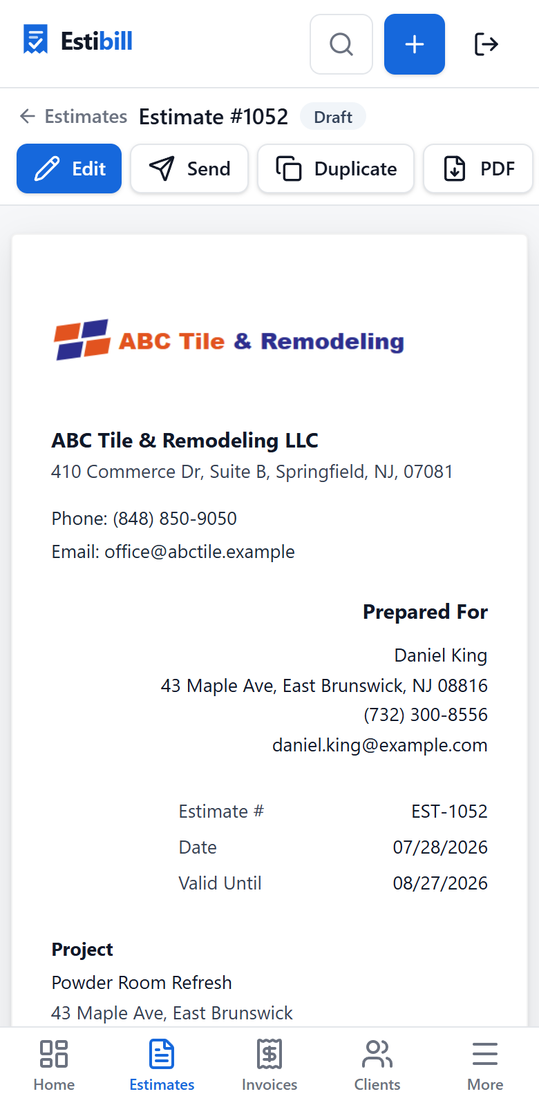 Estibill on a phone: editing an estimate from the job site